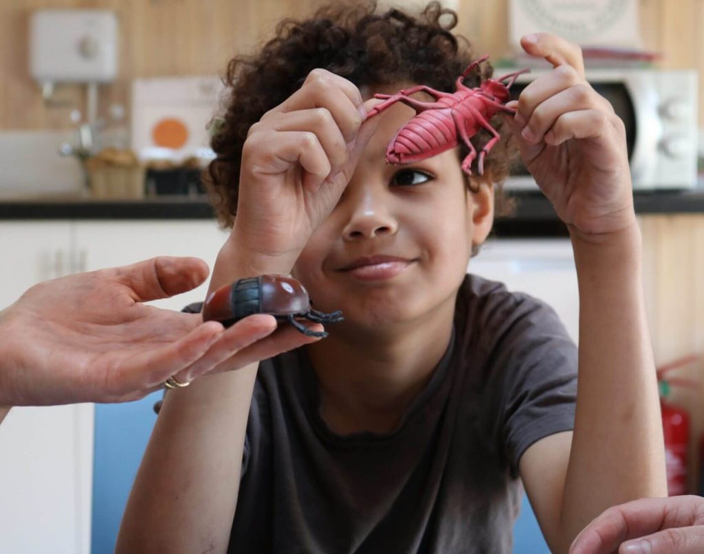 student holding and being shown toy bugs